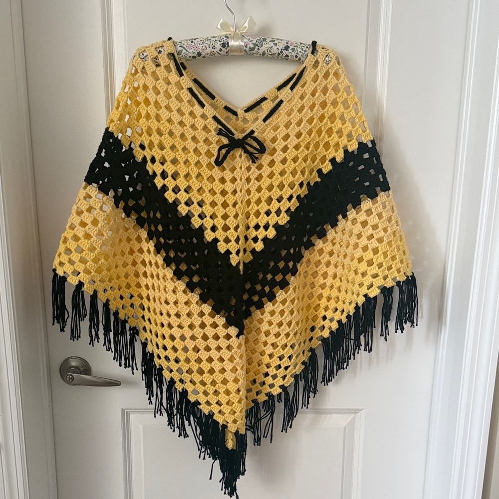 Yellow and Black Crochet Poncho with Fringe